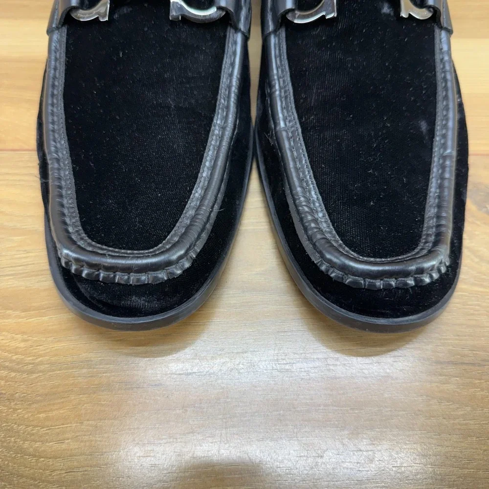 Salvatore Ferragamo Gandioso Black Velvet Loafer Men 10 E Ornament Formal Luxury